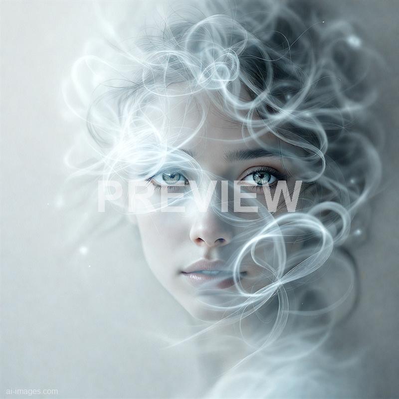 The image features a highly stylized, surreal portrait of a woman with striking, luminous blue eyes. Her face is partially obscured by swirling, wispy white smoke or light trails that create a dreamy, ethereal atmosphere, blending seamlessly into the soft, muted background. The overall tone is cool and otherworldly, emphasizing her intense gaze and the delicate, flowing patterns around her head.